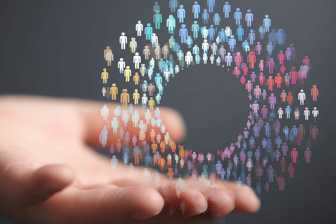A digital illustration showing groups of segmented users with icons representing demographics, behavior, and personalized content paths.